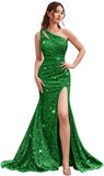 Kingbridal Gowns One Shoulder Sequin Prom Dresses with Slit 2026 Mermaid Formal Dress for Women Sparkly Ruched Evening Party Gowns