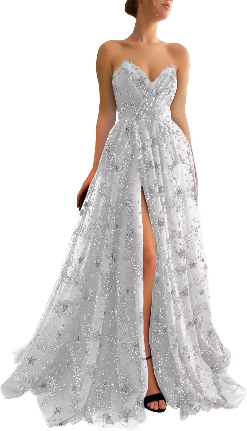 Women's Sparkle Starry Tulle Prom Dresses Strapless Long Formal Evening Party Gowns with Slit