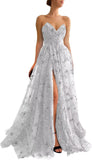 Women's Sparkle Starry Tulle Prom Dresses Strapless Long Formal Evening Party Gowns with Slit