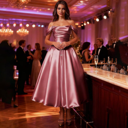 Women's Off Shoulder Wedding Dresses for Bride Tea Length Elegant A Line Satin Prom Dress