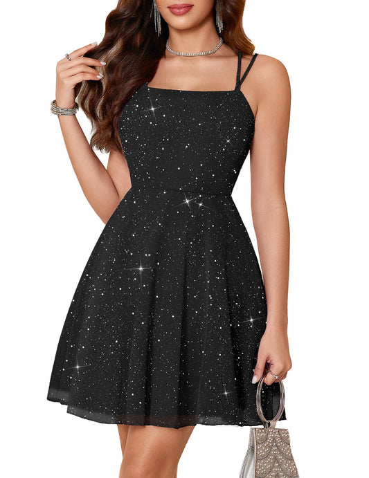 Women's Sparkly Prom Dresses Formal Off Shoulder Tea Party V-Neck Spaghetti Straps A-line Sequin Cocktail Dress