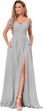 Women's Off Shoulder Bridesmaid Dress with Slit Chiffon Pleated Long Formal Dress