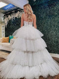 Puffy Sequins Tulle High-Low Prom Dresses for Women 2027, Glitter V Neck Formal Ball Gown Wedding Party Dress
