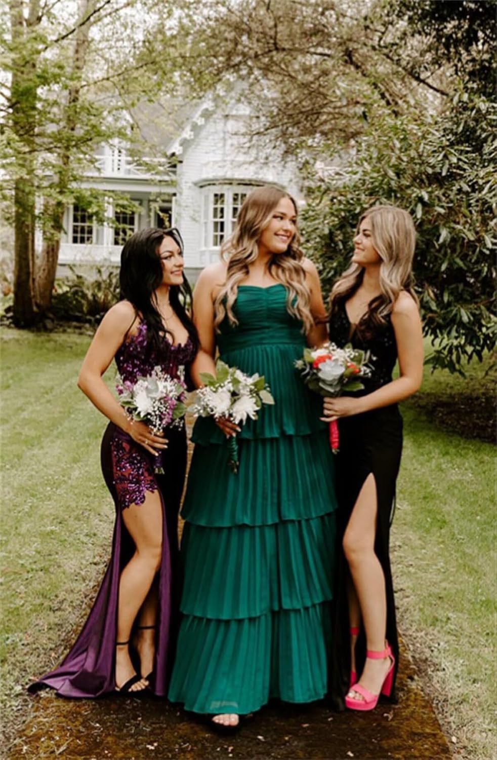 Tiered Ruffle Bridesmaid Dresses for Women Spaghetti Straps Long Chiffon Formal Evening Prom Gowns