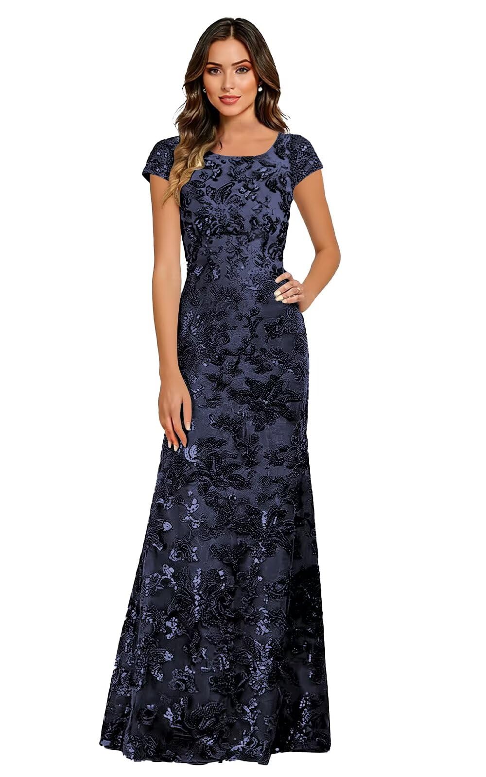 Lace Appliques Scoop Neck Sequin Mother of the Bride Dresses Mermaid Short Sleeve Formal Evening Gowns