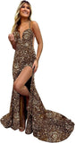 Sparkly Mermaid Sequin Prom Dresses for Women Long Spaghetti Straps V-Neck Formal Evening Party Gowns with Slit