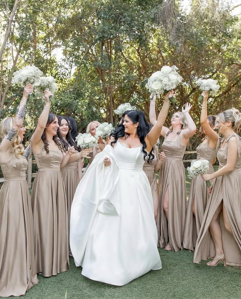 Satin Bridesmaid Dresses with Slit Spaghetti Straps Square Neck Long Formal Evening Dress