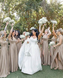 Satin Bridesmaid Dresses with Slit Spaghetti Straps Square Neck Long Formal Dress
