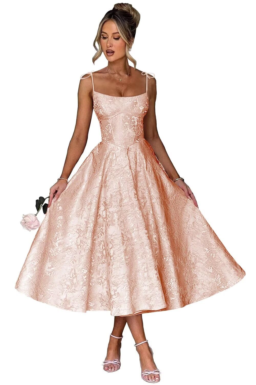 Jacquard Floral Satin Prom Dresses for Women 2026 Spaghetti Straps A-Line Midi Formal Evening Party Gown with Pockets