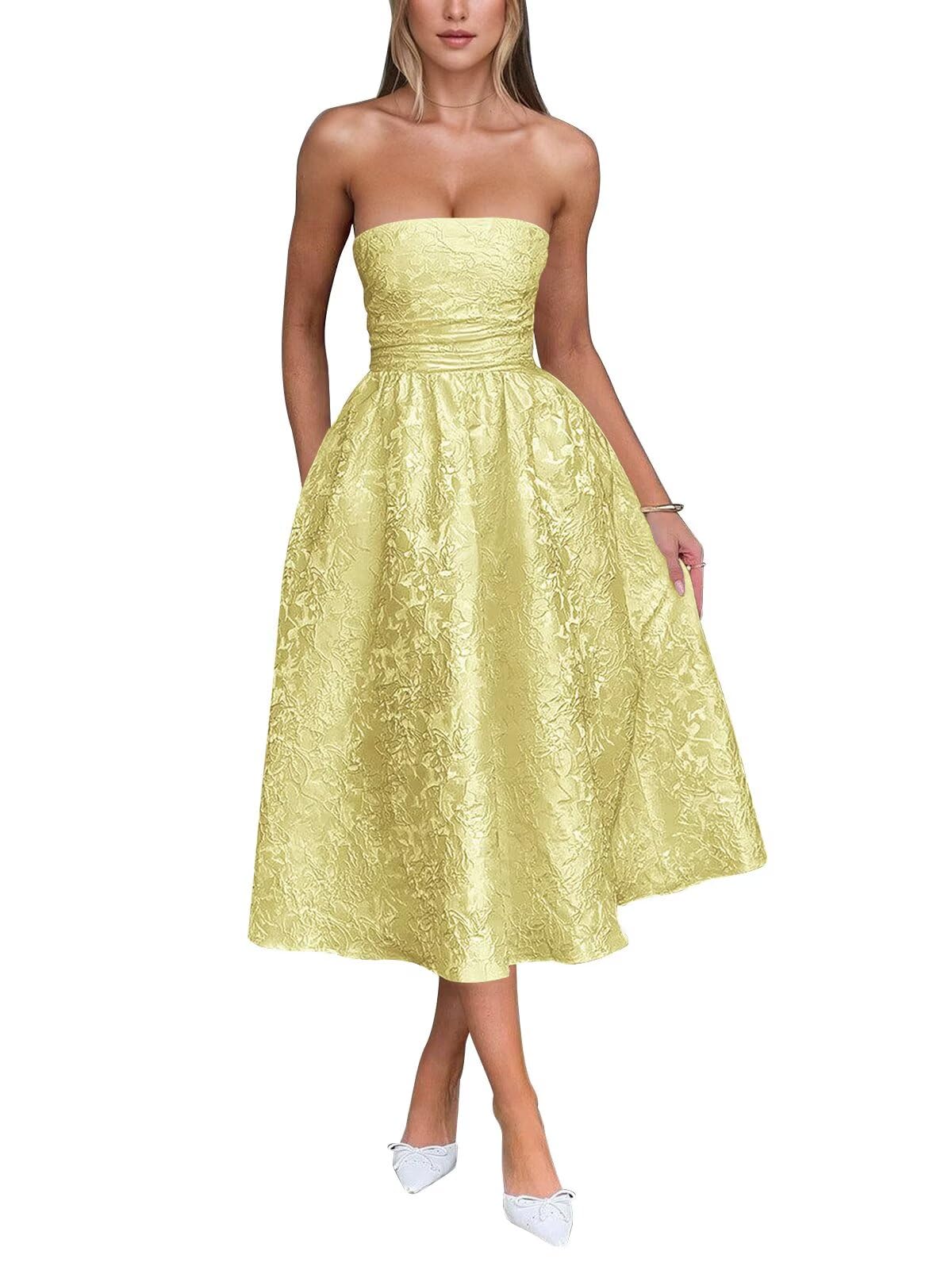 Satin Floral Jacquard Prom Dress for Women Strapless Corset Tea Length Formal Cocktail Evening Gowns