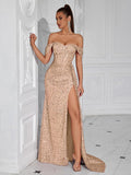Evening Gowns Formal Dresses for Women Sequin Tulle Wedding Guest Cocktail Party Sexy Off Shoulder Floor Length Prom Dress