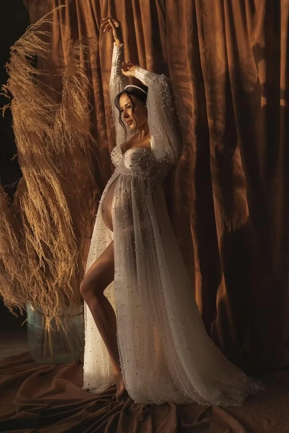 Kingbridal Pearl Tulle Maternity Dress for Photoshoot Long Puffy Sleeve Pregnancy Gown
