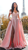 Jacquard Satin Prom Dresses Off the Shoulder Corset A Line Long Formal Gown Sweetheart Neck Party Dress with Slit