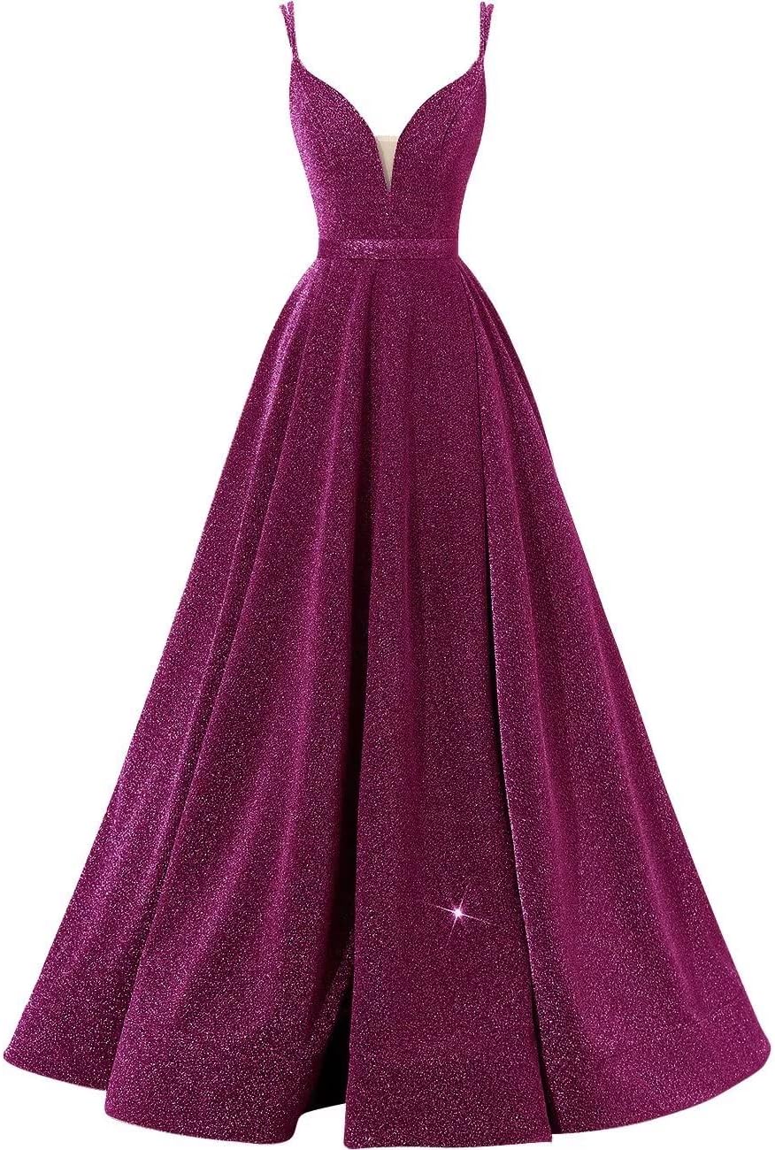Women's Glittery Spaghetti V-Neck Prom Dresses Long Side Split Formal Evening Gowns
