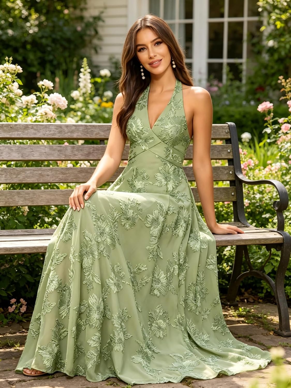 Jacquard Floral Lace Bridesmaid Dresses for Women Long A-Line Open Back Halter Formal Gown