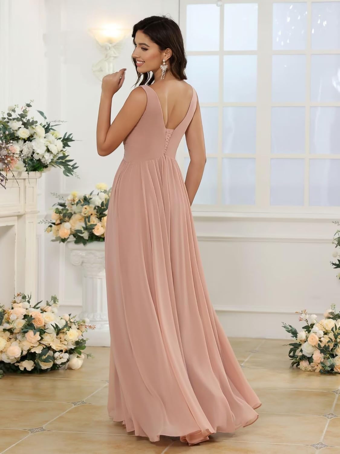 Vestidos de dama de honor sencillos de gasa para mujer con bolsillos, vestidos formales largos con escote en V y abertura 