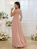 Vestidos de dama de honor sencillos de gasa para mujer con bolsillos, vestidos formales largos con escote en V y abertura 