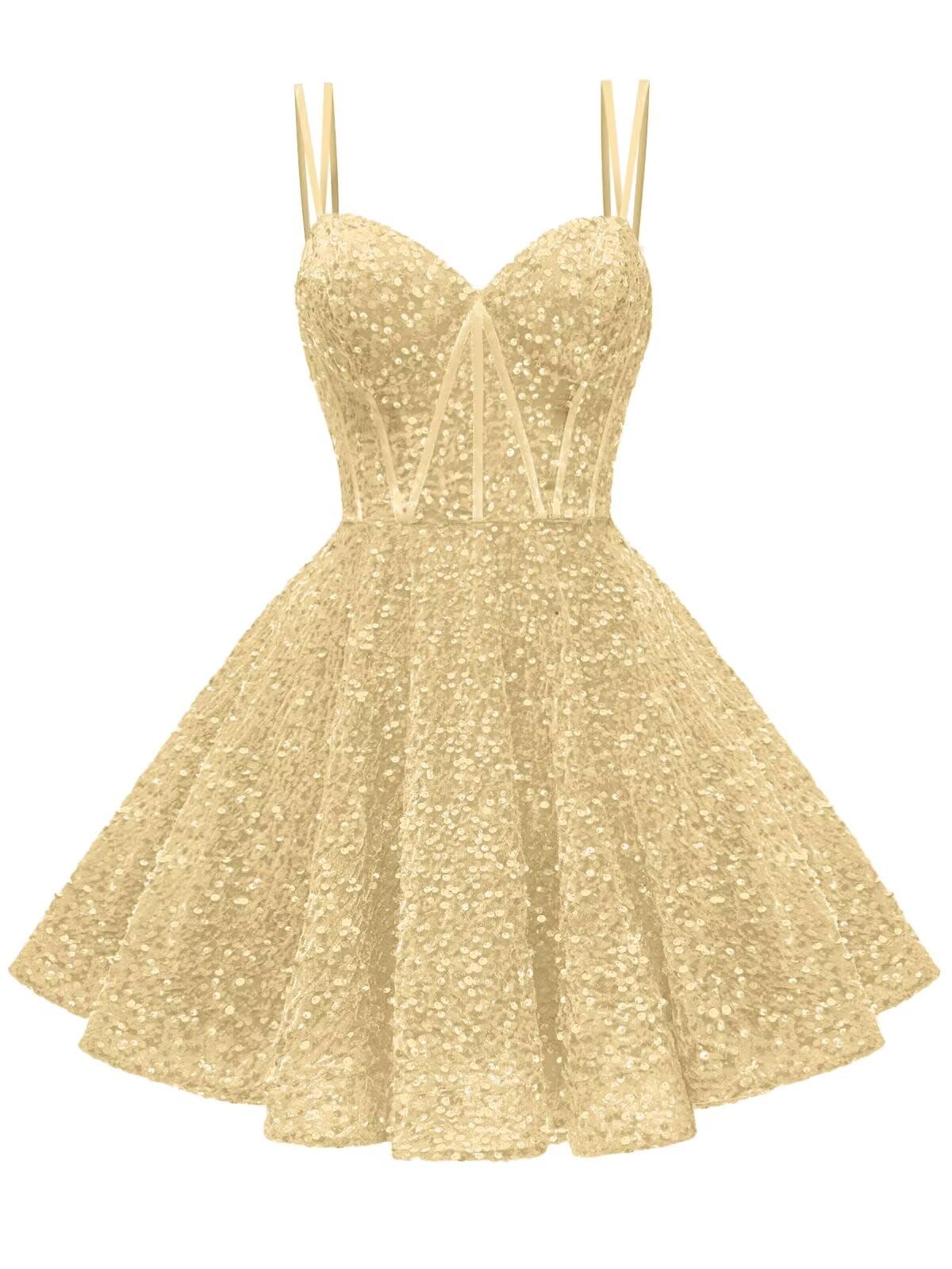 Kingbridal Gowns Sparkly Sequin Homecoming Dresses for Teens 2027 Flowy Spaghetti Straps A-Line Short Formal Prom Dress with Pockets
