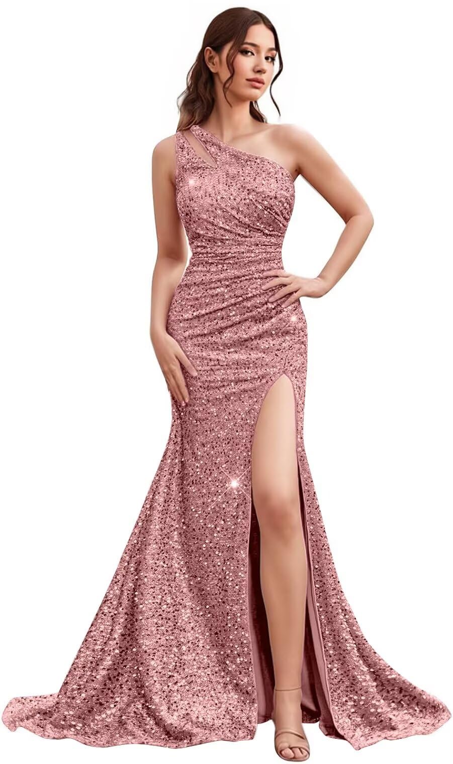 Kingbridal Gowns One Shoulder Sequin Prom Dresses with Slit 2026 Mermaid Formal Dress for Women Sparkly Ruched Evening Party Gowns