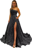 One Shoulder Sequin Prom Dresses for Women Long Sparkly A-Line Slit Formal Evening Party Ball Gowns with Pockets