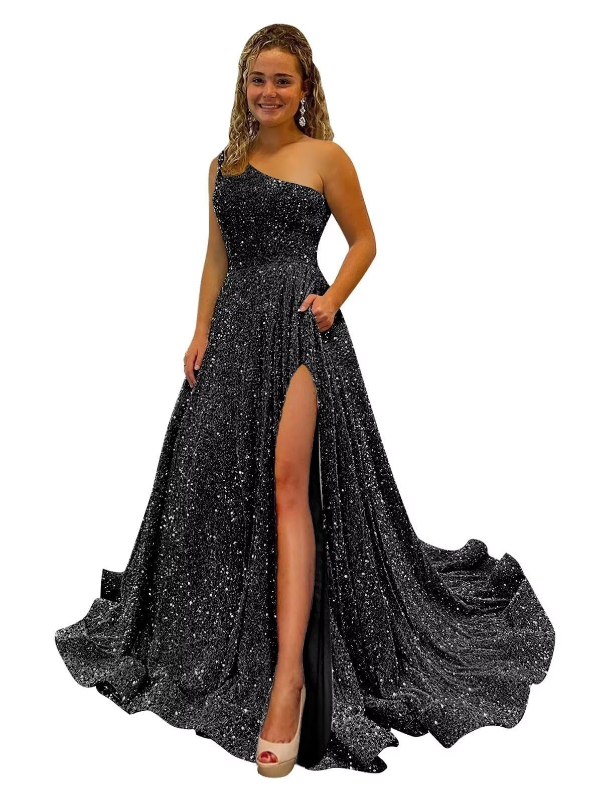 One Shoulder Sequin Prom Dresses for Women Long Sparkly A-Line Slit Formal Evening Party Ball Gowns with Pockets