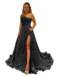 One Shoulder Sequin Prom Dresses for Women Long Sparkly A-Line Slit Formal Evening Party Ball Gowns with Pockets