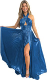 Vestido de fiesta de satén metálico brillante con abertura para mujer, vestido formal de noche plisado con cuello halter 