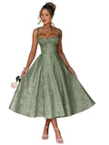 Eightale Satin Jacquard Prom Dress with Bow Tea Length Floral Midi Formal Evening Party Gown