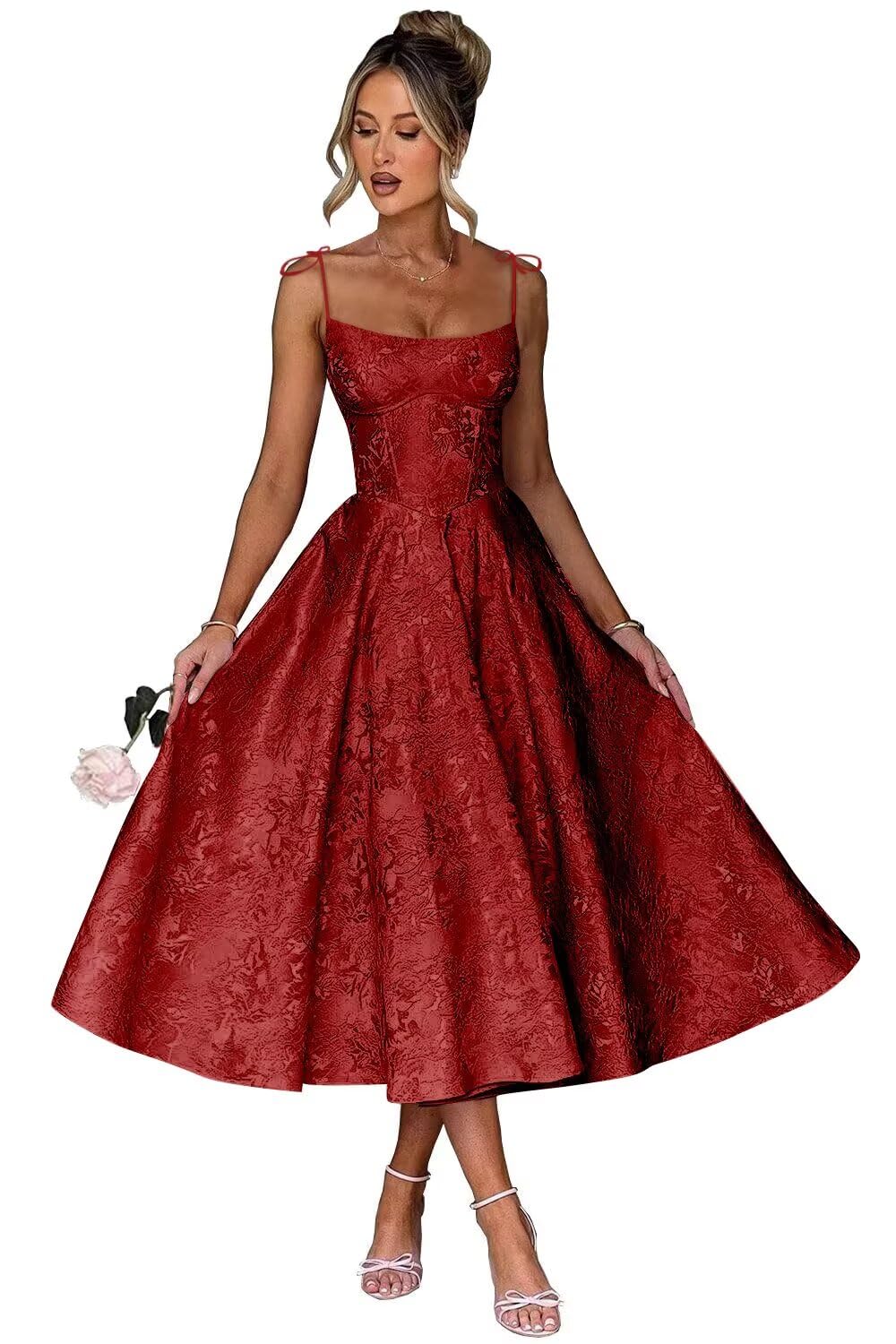 Jacquard Floral Satin Prom Dresses for Women 2026 Spaghetti Straps A-Line Midi Formal Evening Party Gown with Pockets