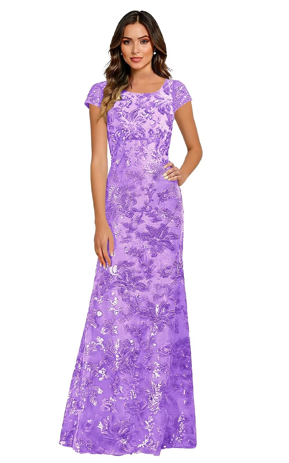 Lace Appliques Scoop Neck Sequin Mother of the Bride Dresses Mermaid Short Sleeve Formal Evening Gowns