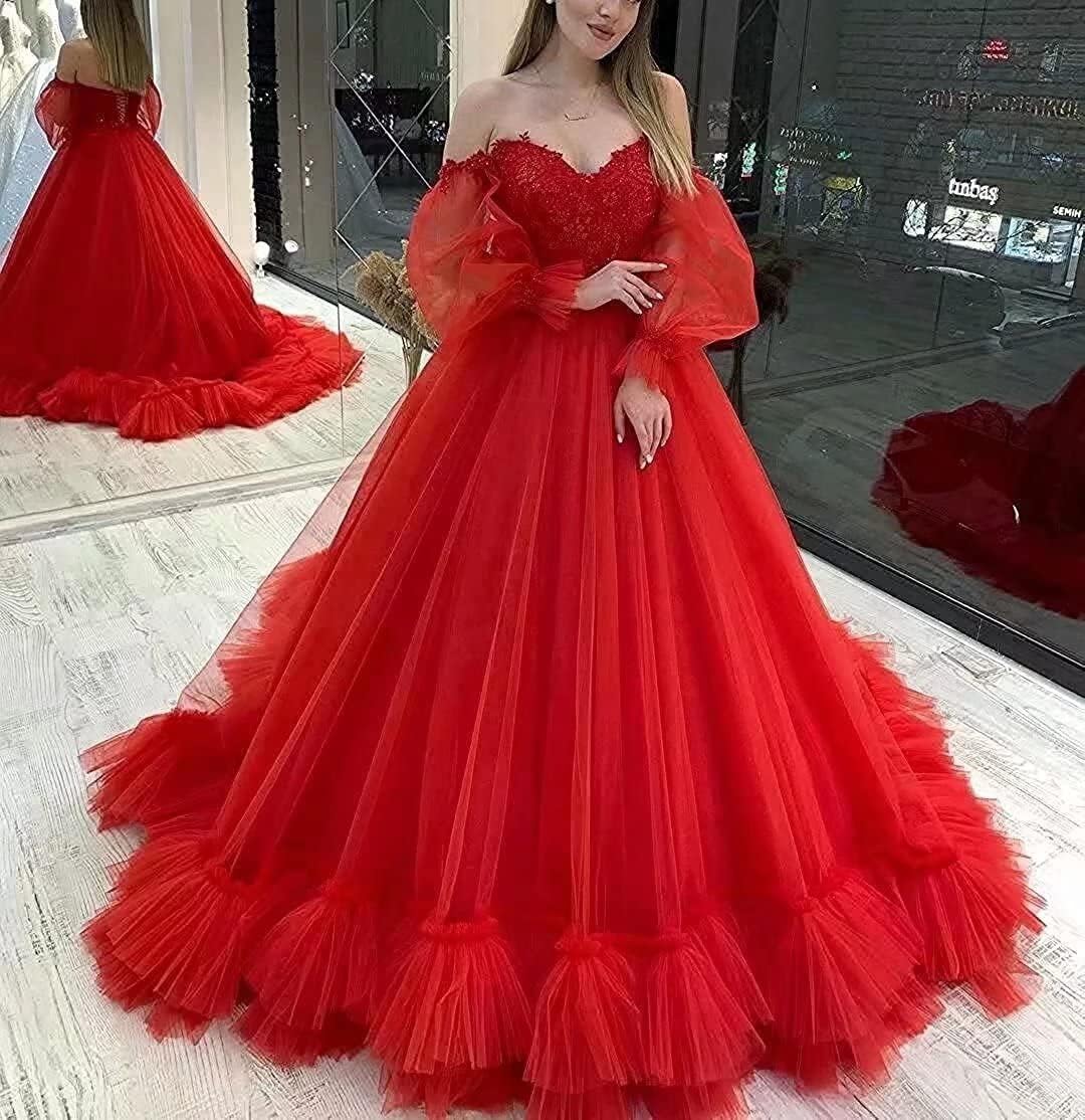 Off Shoulder Lace Appliques Ball Gown Quinceanera Dresses Long Sleeve Wedding Dress Bridal Gowns