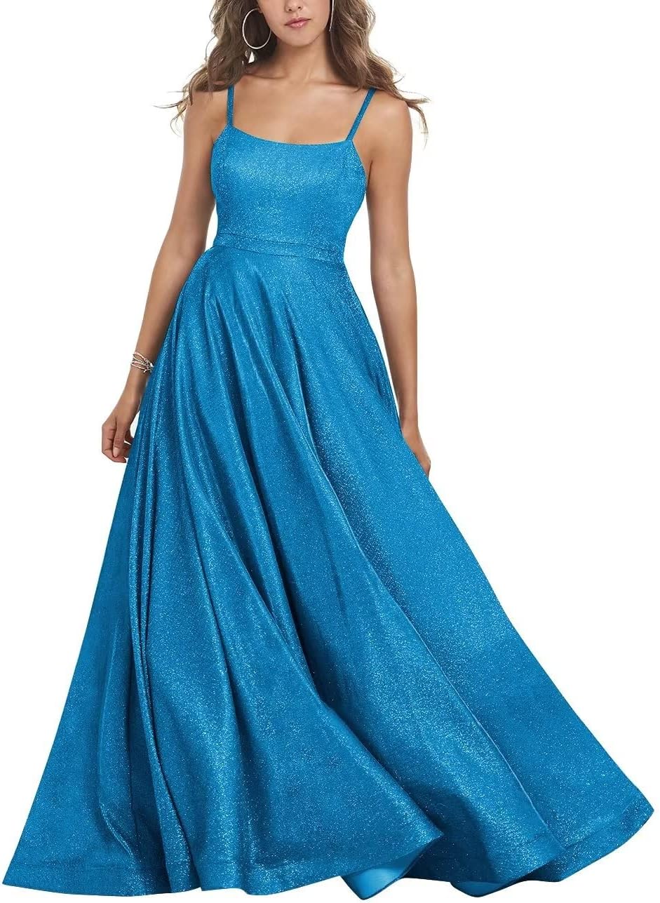 Women's Glitter Prom Dresses Long Ball Gown Spaghetti Straps Neck Formal Evening Party Dress for Teens