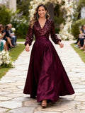 Satin Mother of Bride Dresses Long for Women Sequin Long Sleeve Evening Gown with Pockets
