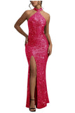 Sequin Mermaid Prom Dresses for Women Long Sparkly Halter-Neck Tight Backless Formal Evening Party Gowns with Slit