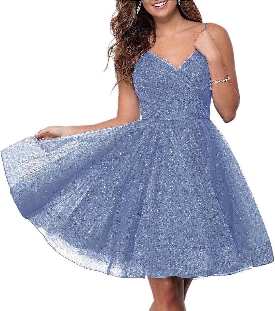 Short Homecoming Dresses Spaghetti Straps V Neck Glitter Tulle Ball Gown Short Prom Graduation Dress for Juniors