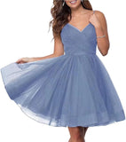 Short Homecoming Dresses Spaghetti Straps V Neck Glitter Tulle Ball Gown Short Prom Graduation Dress for Juniors
