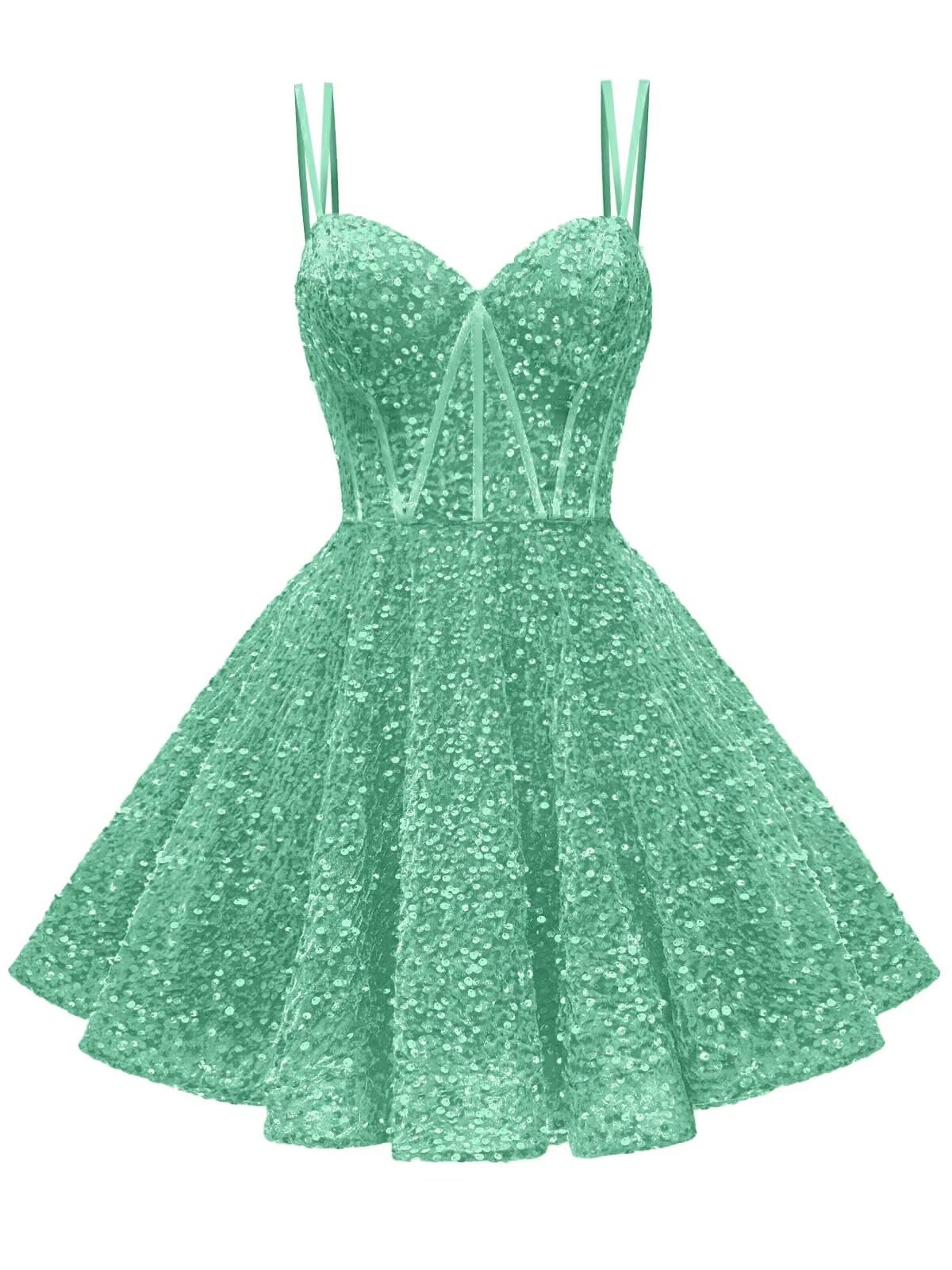 Kingbridal Gowns Sparkly Sequin Homecoming Dresses for Teens 2027 Flowy Spaghetti Straps A-Line Short Formal Prom Dress with Pockets
