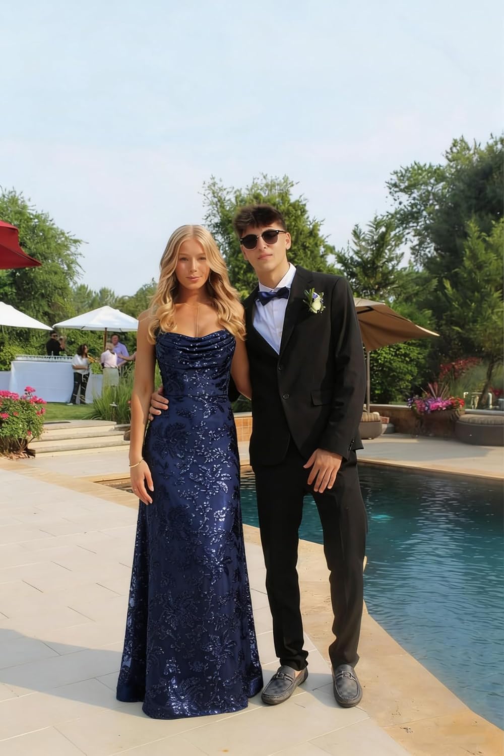 Lace Sequin Prom Dresses Spaghetti Straps A-Line Cowl Neck Pleated Sparkly Long Formal Evening Party Gowns