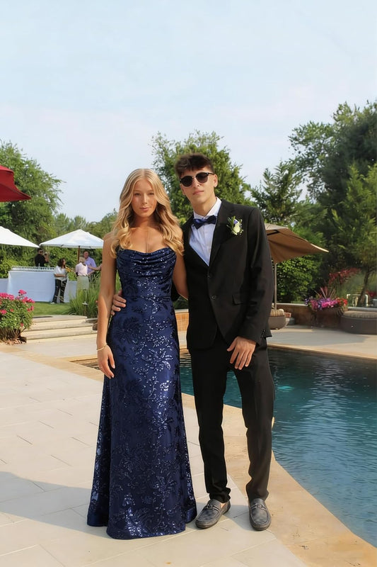 Lace Sequin Prom Dresses Spaghetti Straps A-Line Cowl Neck Pleated Sparkly Long Formal Evening Party Gowns