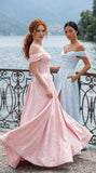 Jacquard Satin Prom Dresses for Women Off the Shoulder Corset A Line Long Formal Evening Gowns