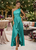 One Shoulder Bridesmaid Dresses for Women Satin Pleated Long A Line Formal Prom Evening Party Dress with Slit