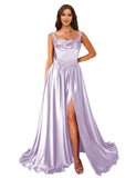 Cowl Neck Satin Prom Dresses Corset Ball Gown Long Puffy A-Line Formal Evening Gown with Slit