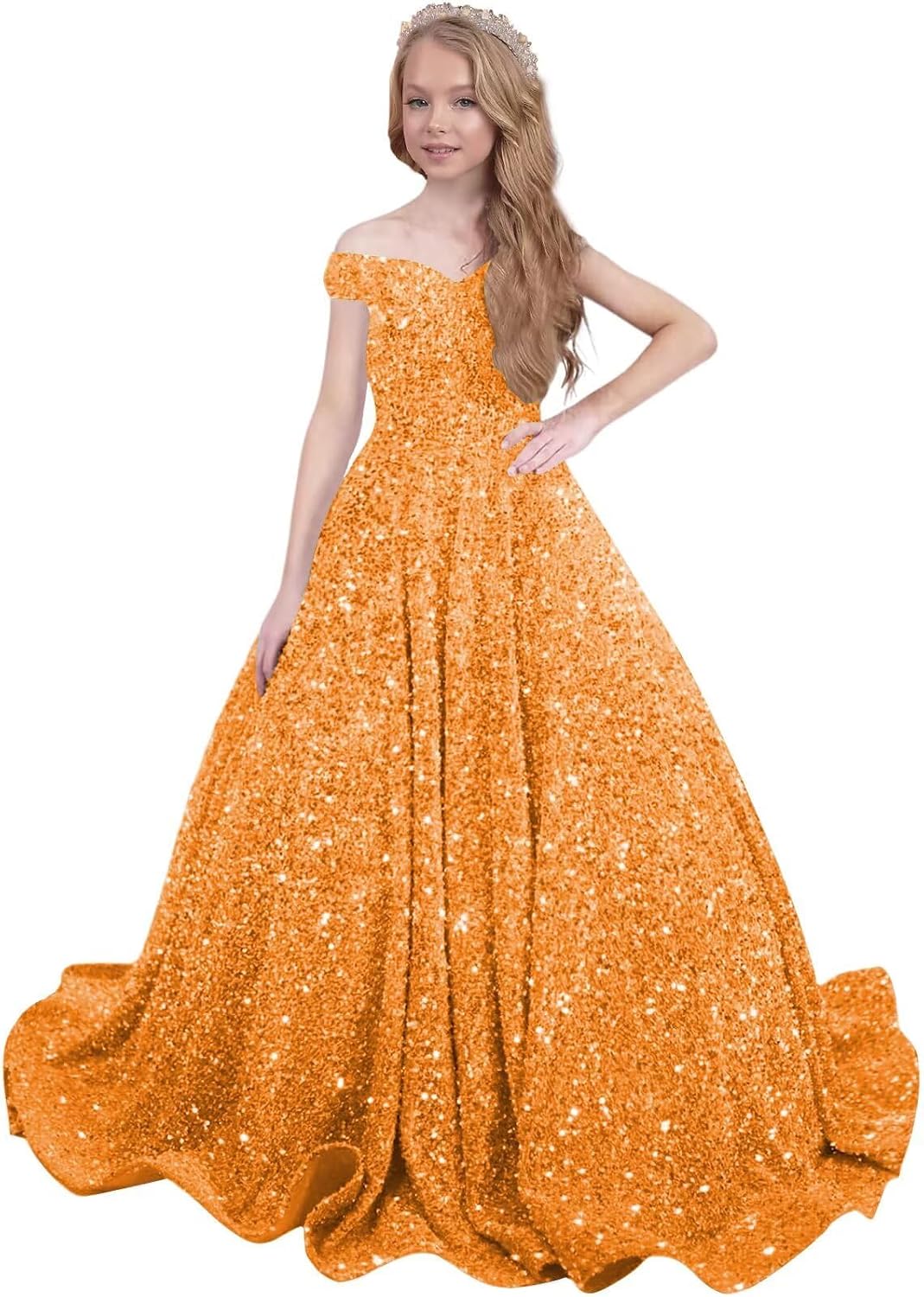 Ball Gown Sequin Pageant Dress for Teens Flower Girl Dress Girls Off Shoulder Long Formal Party Dresses 2027
