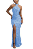 Sequin Mermaid Prom Dresses for Women Long Sparkly Halter-Neck Tight Backless Formal Evening Party Gowns with Slit
