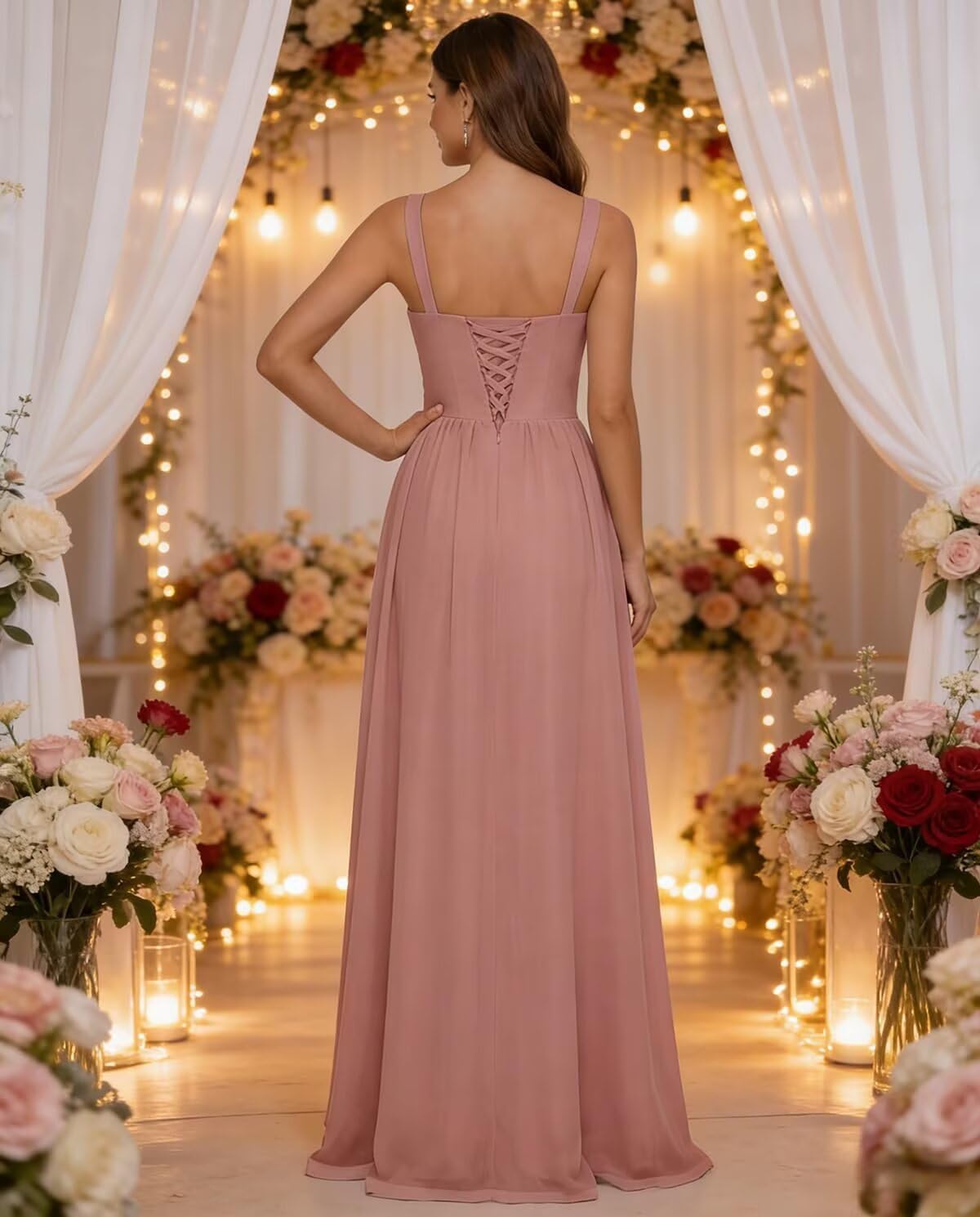 Chiffon Bridesmaid Dresses for Women Long Spaghetti Straps A-line Pleated Formal Evening Party Gowns with Pockets