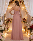 Chiffon Bridesmaid Dresses for Women Long Spaghetti Straps A-line Pleated Formal Evening Party Gowns with Pockets