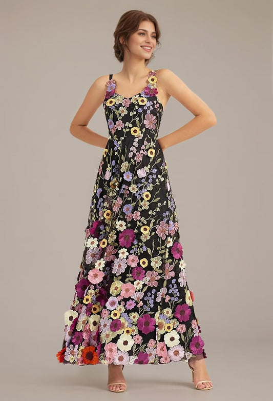 3D Floral Embroidery Prom Dresses for Women Long Spaghetti Straps Flower Applique Tulle Formal Gown Evening Dress