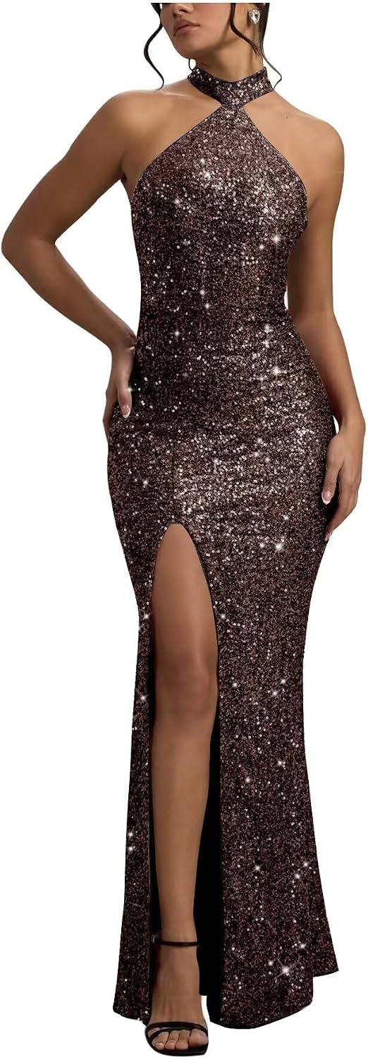 Sequin Mermaid Prom Dresses for Women Long Sparkly Halter-Neck Tight Backless Formal Evening Party Gowns with Slit