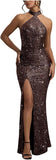 Sequin Mermaid Prom Dresses for Women Long Sparkly Halter-Neck Tight Backless Formal Evening Party Gowns with Slit