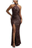 Sequin Mermaid Prom Dresses for Women Long Sparkly Halter-Neck Tight Backless Formal Evening Party Gowns with Slit